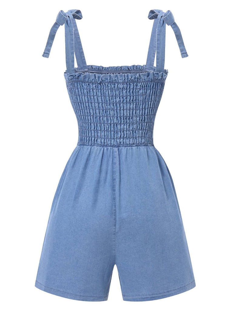 Blue 1960s Shoulder Tie Smocked Denim Romper: timeless 1960s elegance she makes her own