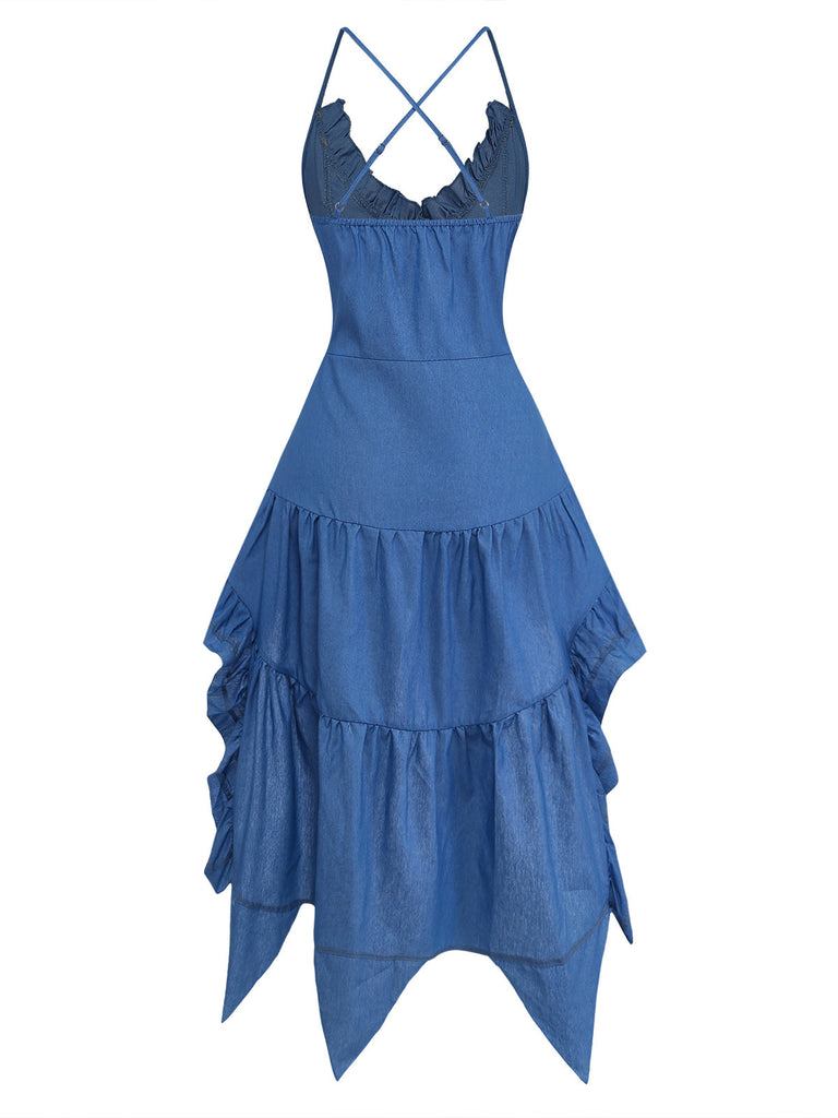 Blue 1960s Spaghetti Strap Denim High-Low Dress | vintage dress, retro fashion, elegant style - perfect for retro fashion enthusiasts