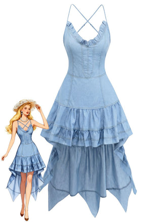 Blue 1960s Spaghetti Strap Denim High-Low Dress, vintage dress, retro fashion - perfect for women who love vintage and retro fashion