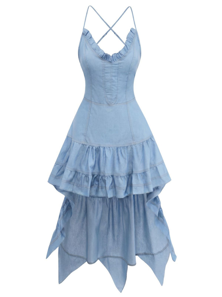 Blue 1960s Spaghetti Strap Denim High-Low Dress, vintage dress, retro fashion - perfect for women who love vintage and retro fashion