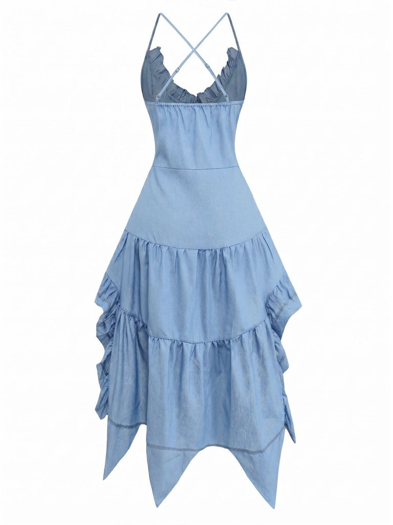 Blue 1960s Spaghetti Strap Denim High-Low Dress, vintage dress, retro fashion - perfect for women who love vintage and retro fashion