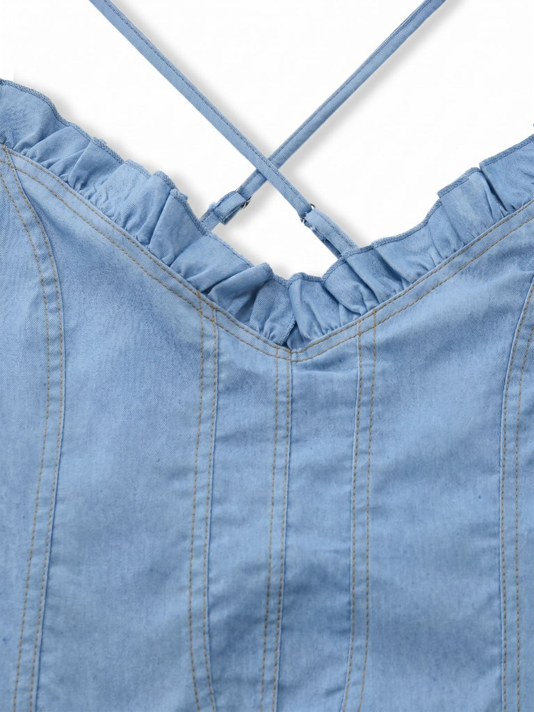 Blue 1960s Spaghetti Strap Denim High-Low Dress, vintage dress, retro fashion - perfect for women who love vintage and retro fashion