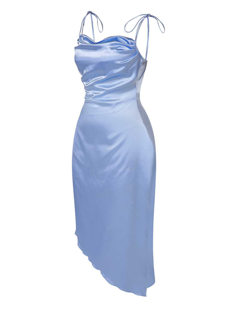 Blue 1960s Spaghetti Strap Irregular Hem Satin Dress — the kind of 1960s dress that makes strangers smile