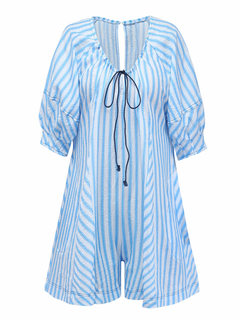 Blue 1960s Striped Short Sleeve Romper 2