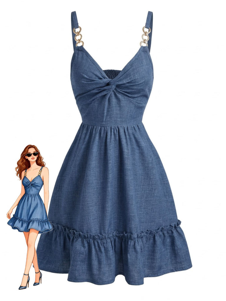 Blue 1960s Twist Knot Spaghetti Strap Ruffled Dress - vintage dress, retro fashion for vintage lovers