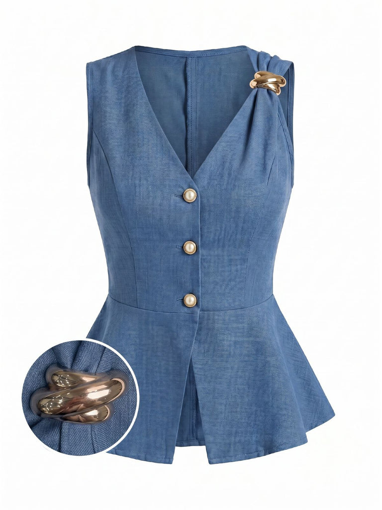 Blue 1960s Sleeveless Fitted Bodycon Blouse