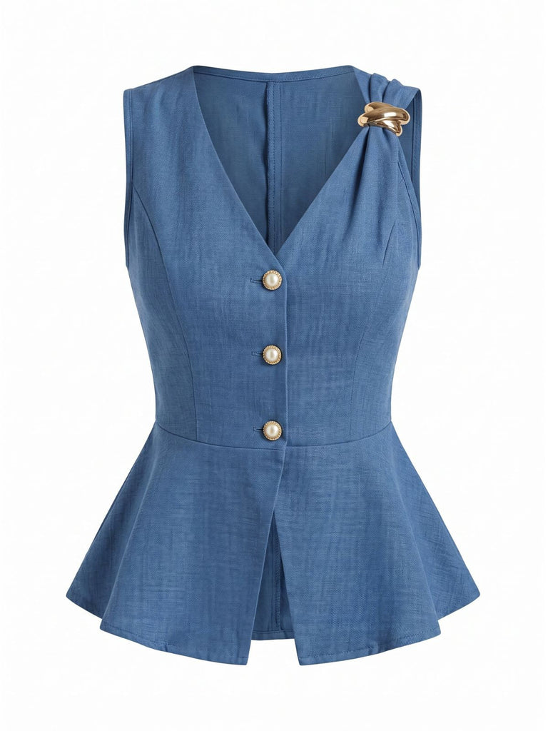 Blue 1960s Sleeveless Fitted Bodycon Blouse 6