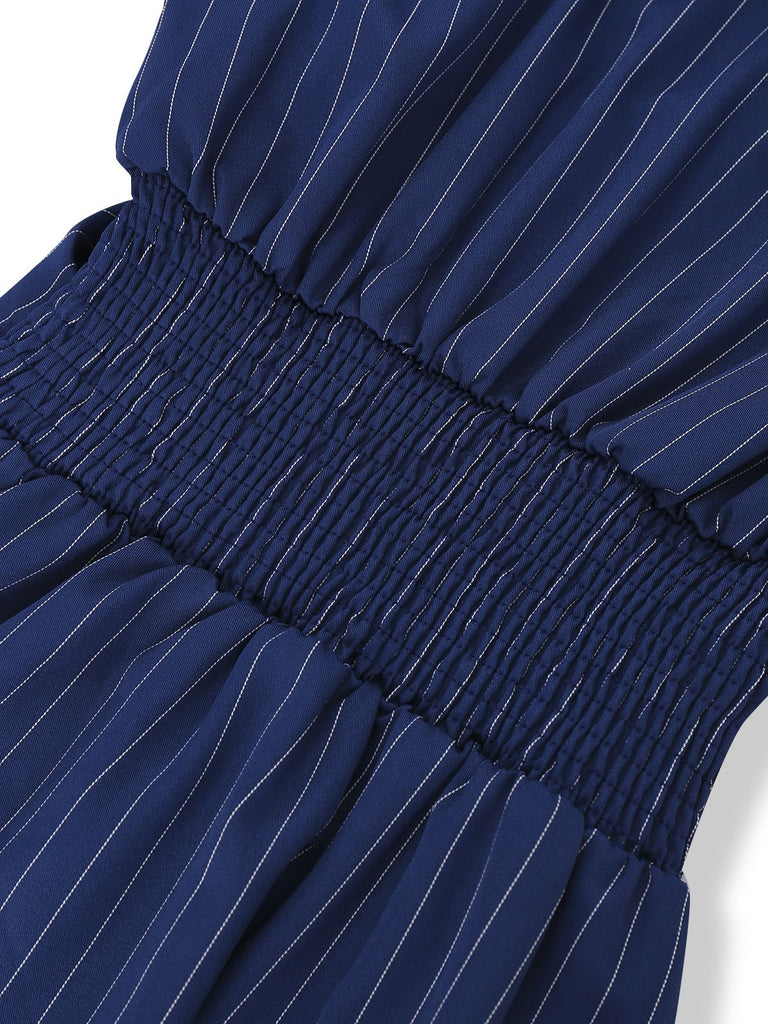 Blue 1960s V-Neck Wrap Striped Shirt Dress - vintage dress, retro fashion