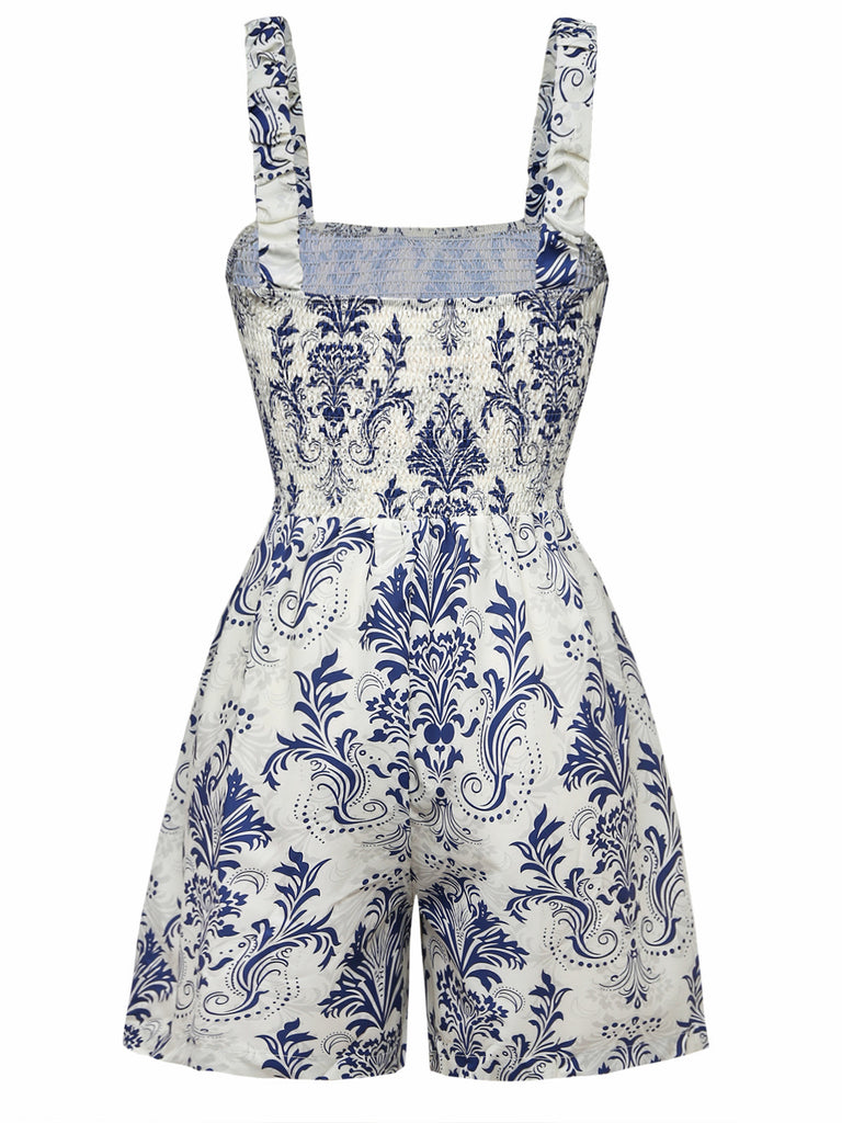 Blue 1970s Baroque Smocked Suspender Romper | vintage romper, retro jumpsuit, playful style - perfect for retro fashion enthusiasts