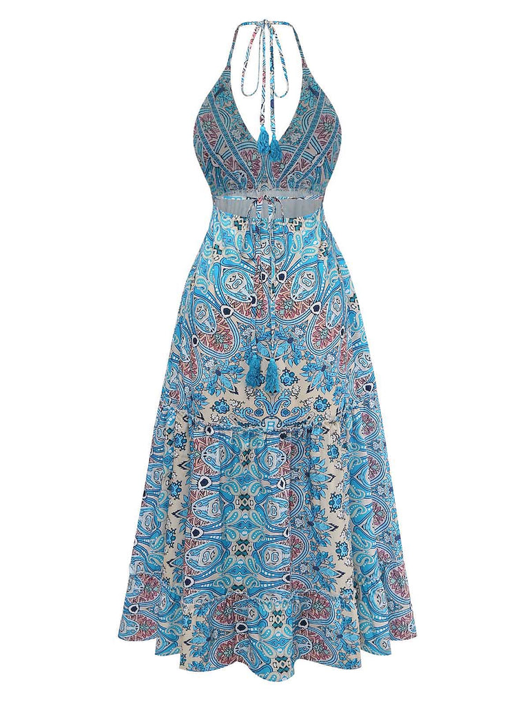 Blue 1970s Boho Paisley Halter Fit Flare Midi Dress, vintage dress, retro fashion - perfect for women who love vintage and retro fashion