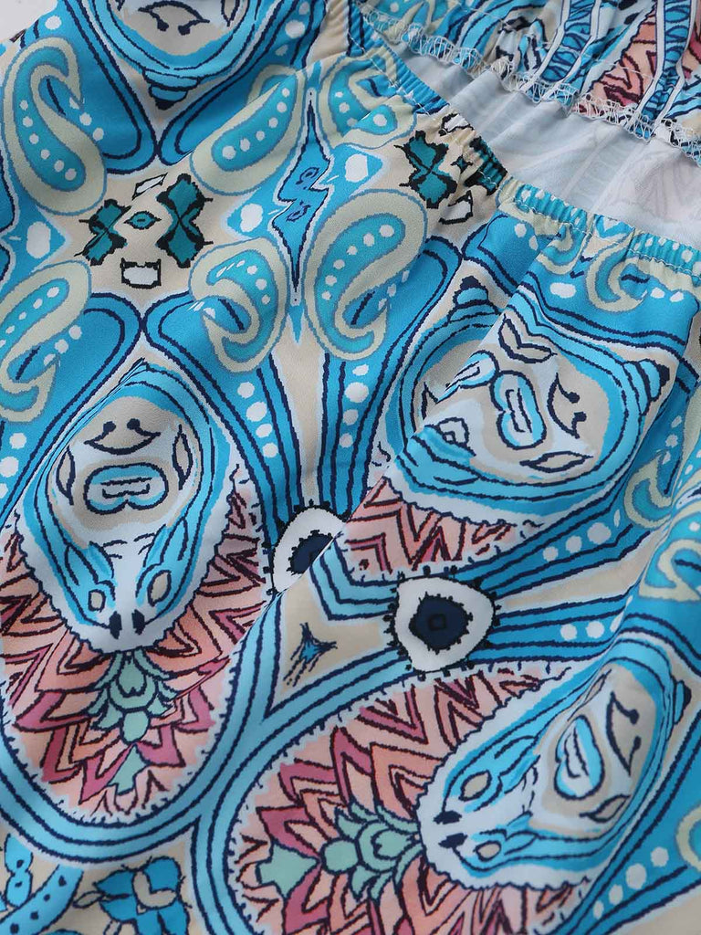 Blue 1970s Boho Paisley Halter Fit Flare Midi Dress, vintage dress, retro fashion - perfect for women who love vintage and retro fashion