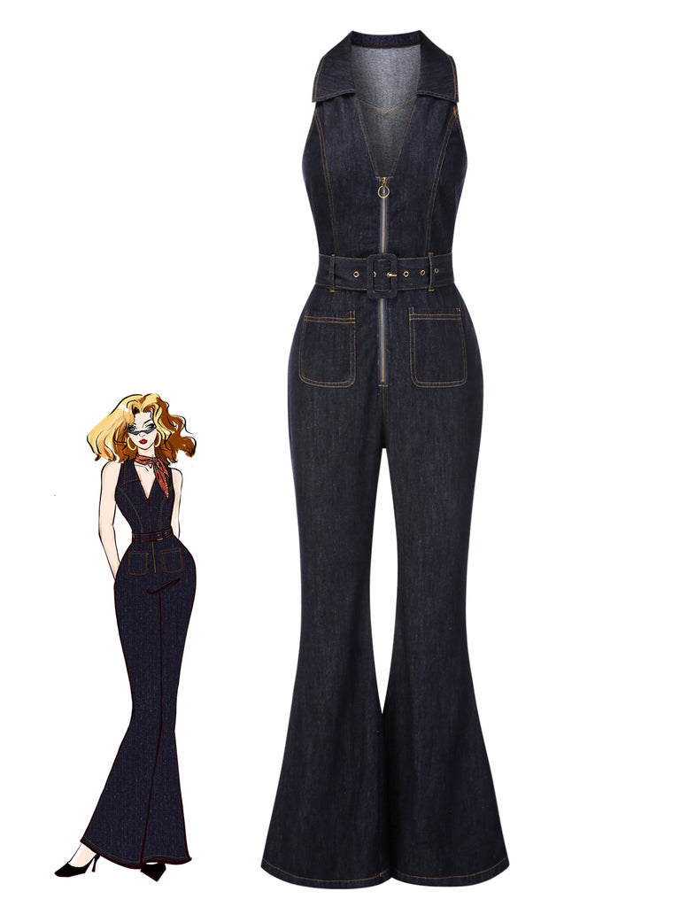 Blue 1970s Denim Collar Belted Flared Jumpsuit - vintage jumpsuit, retro fashion, elegant red