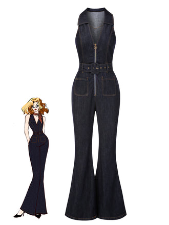 Blue 1970s Denim Collar Belted Flared Jumpsuit - vintage jumpsuit, retro fashion, elegant red