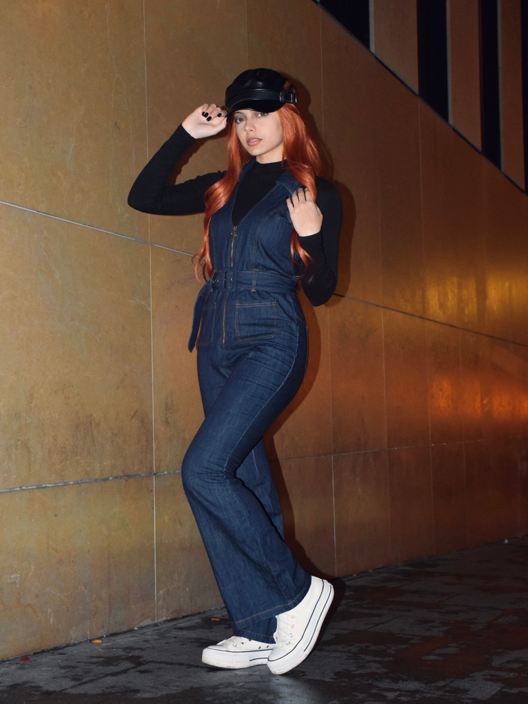 Blue 1970s Denim Collar Belted Flared Jumpsuit - vintage jumpsuit, retro fashion, elegant red