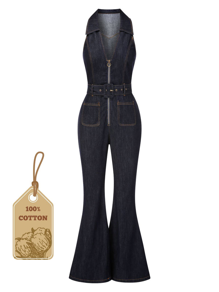 Blue 1970s Denim Collar Belted Flared Jumpsuit - vintage jumpsuit, retro fashion, elegant red