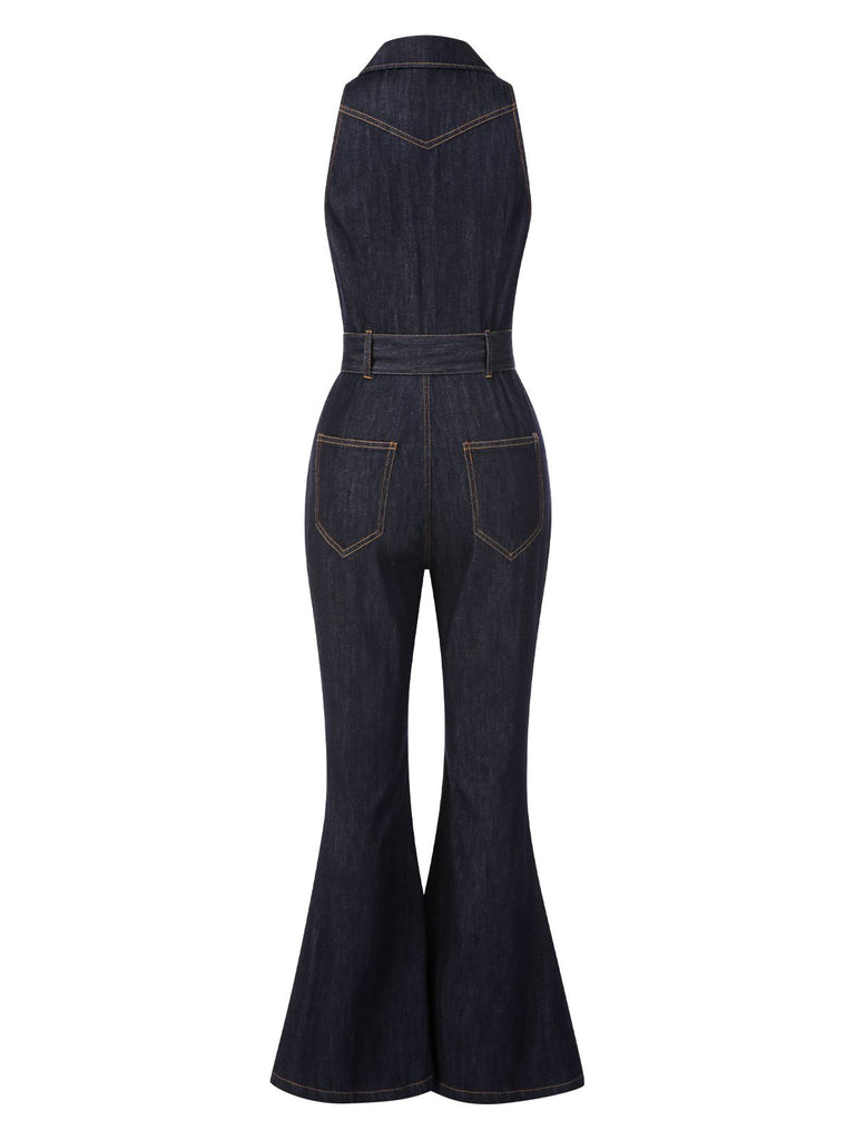 Blue 1970s Denim Collar Belted Flared Jumpsuit, vintage romper, retro jumpsuit - perfect for women who love vintage and retro fashion