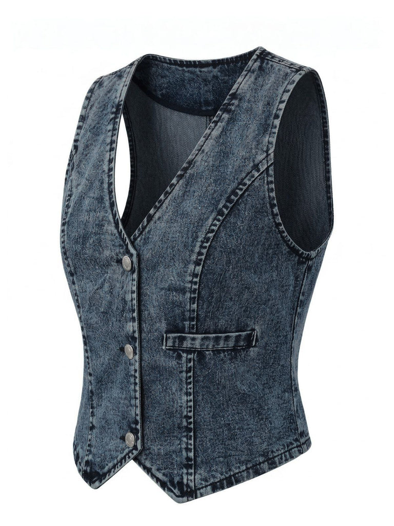 Blue 1970s Denim V-Neck Sleeveless Button Top, vintage top, retro blouse - perfect for women who love vintage and retro fashion