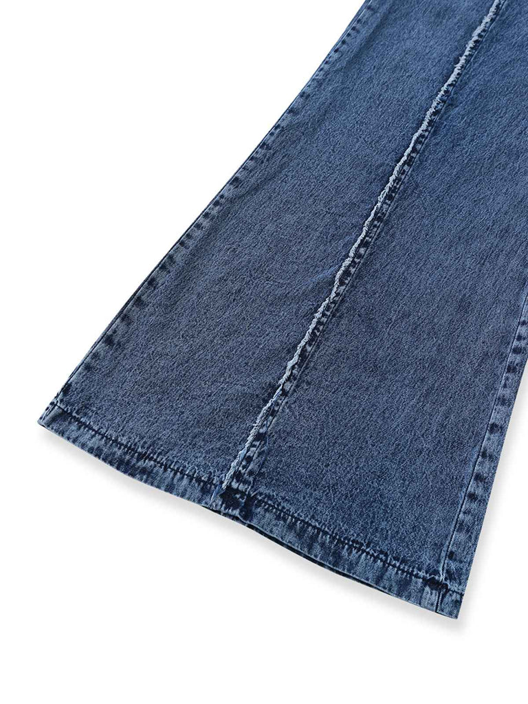 Blue 1970s Denim Wide-Leg Overalls Frayed Jumpsuit - vintage romper, retro jumpsuit, playful style for vintage lovers