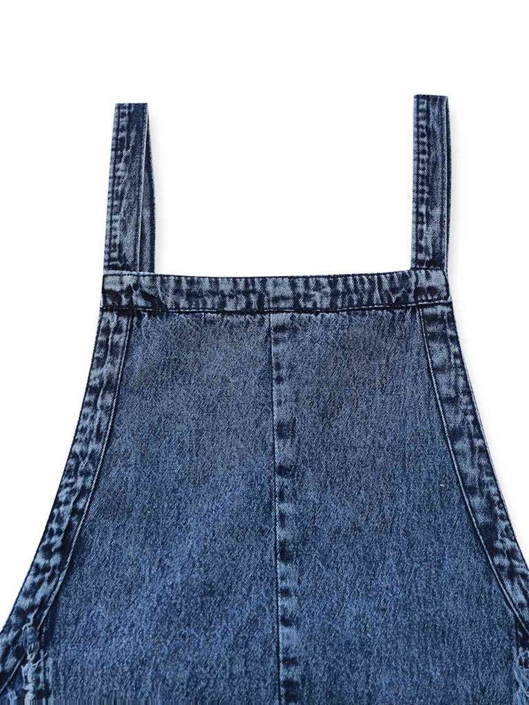 Blue 1970s Denim Wide-Leg Overalls Frayed Jumpsuit | vintage romper, retro jumpsuit, playful style - perfect for retro fashion enthusiasts