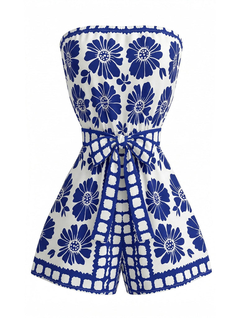 Blue 1970s Floral Strapless Belted Romper - vintage jumpsuit, retro fashion