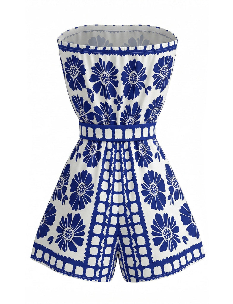 Blue 1970s Floral Strapless Belted Romper - vintage jumpsuit, retro fashion