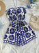 Blue 1970s Floral Strapless Belted Romper - vintage jumpsuit, retro fashion