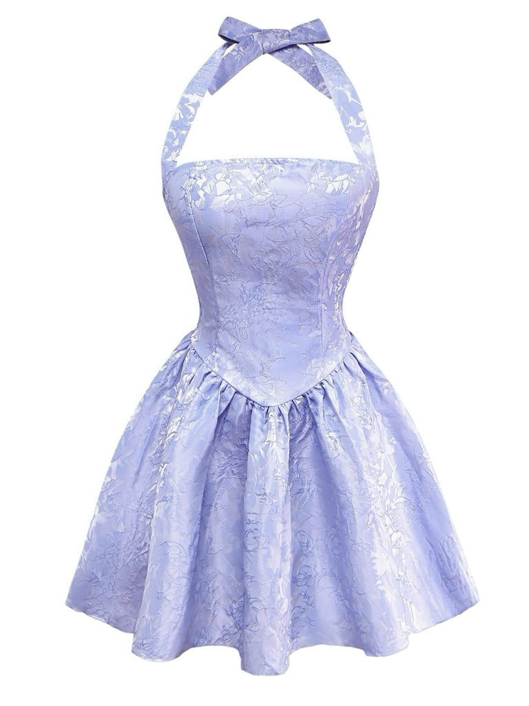 Blue 1970s Halter Jacquard Pleated Mini Dress - vintage dress, retro fashion