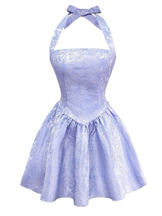 Blue 1970s Halter Jacquard Pleated Mini Dress - vintage dress, retro fashion