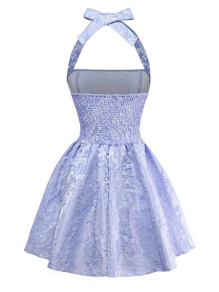 Blue 1970s Halter Jacquard Pleated Mini Dress - vintage dress, retro fashion