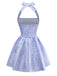 Blue 1970s Halter Jacquard Pleated Mini Dress - vintage dress, retro fashion