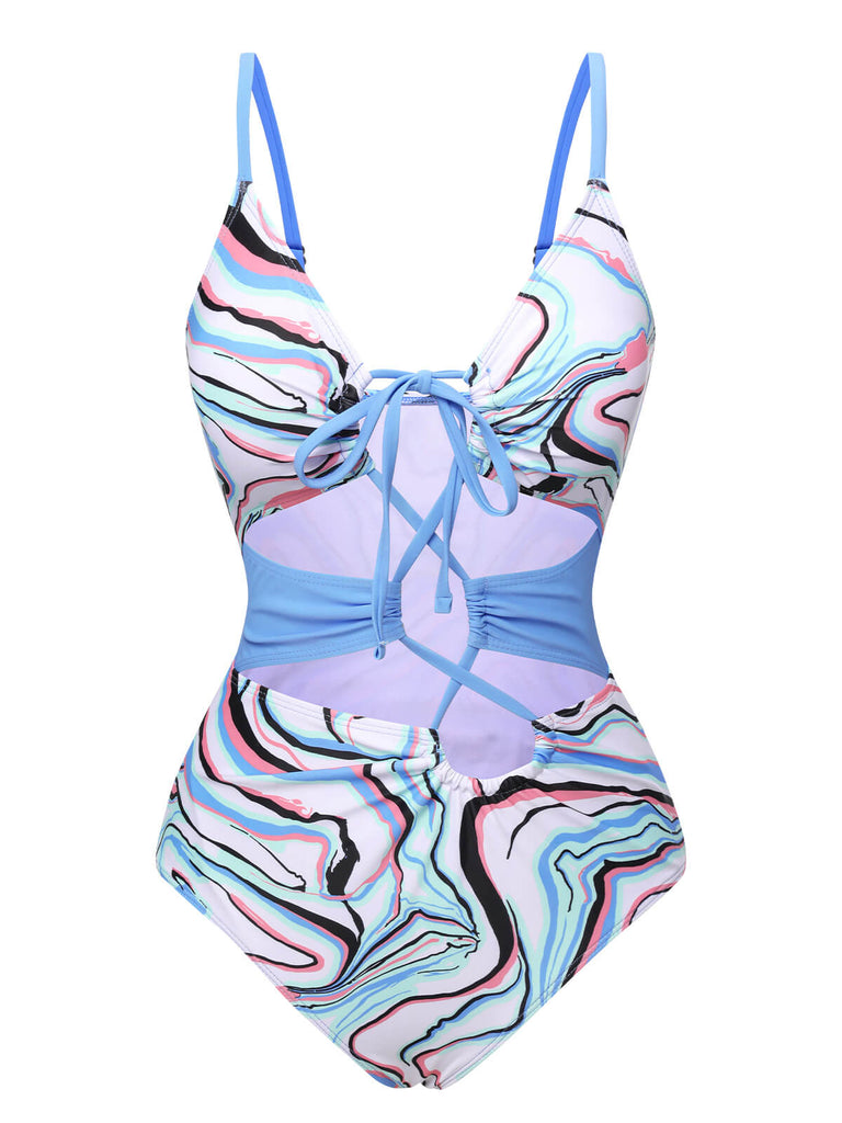 Blue 1970s Marble Print Hollow One-Piece Swimsuit, vintage swimsuit, pin-up swimwear - perfect for women who love vintage and retro fashion