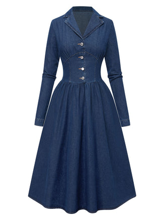 1970s Notched Collar Long Denim | 1970s | vintage dress, retro fashion
