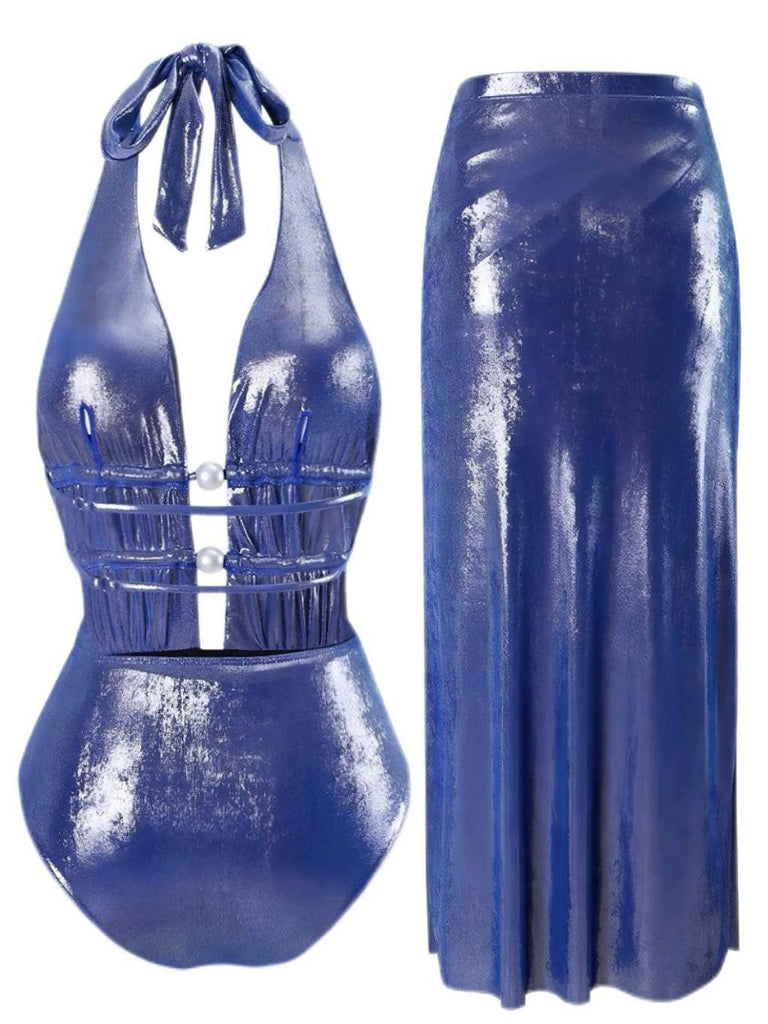 Blue 1970s Pearl Shimmery Halter Swimsuit & Cover-Up: 1970s Riviera elegance, reimagined for her