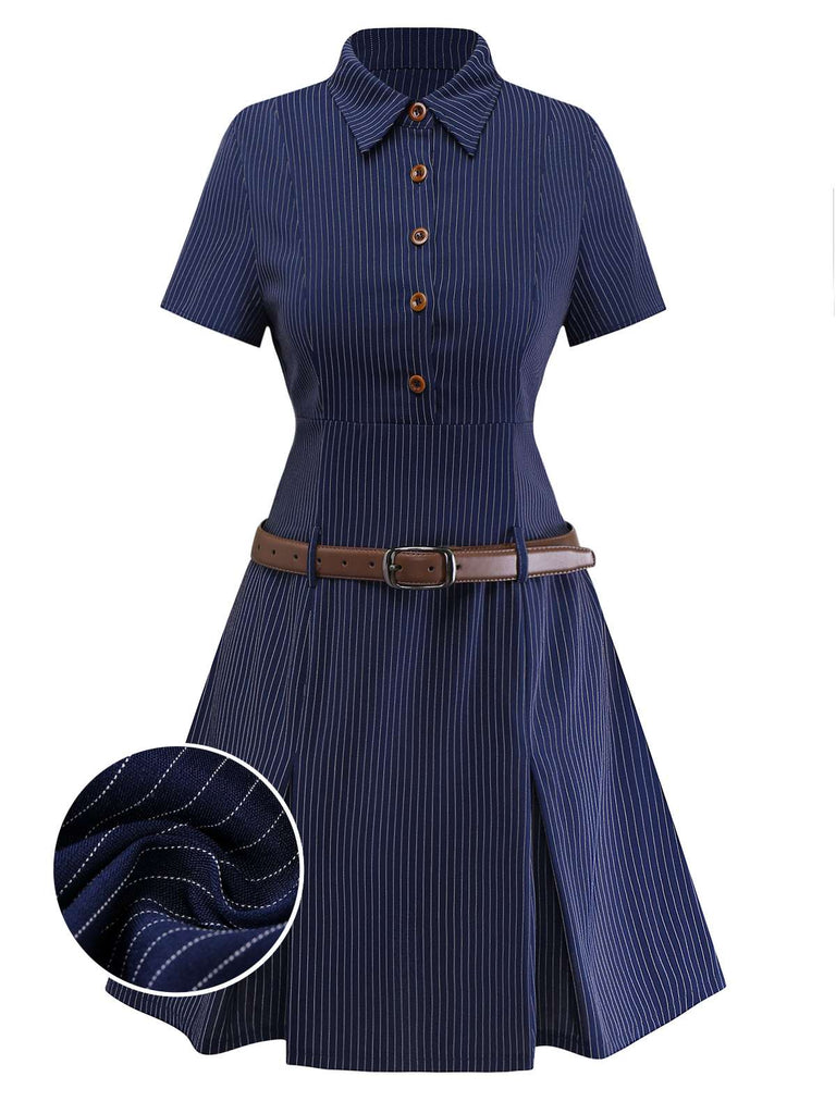 Blue 1970s Pinstripe Pleated Shirt Collar Dress - vintage dress, retro fashion