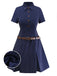 Blue 1970s Pinstripe Pleated Shirt Collar Dress - vintage dress, retro fashion