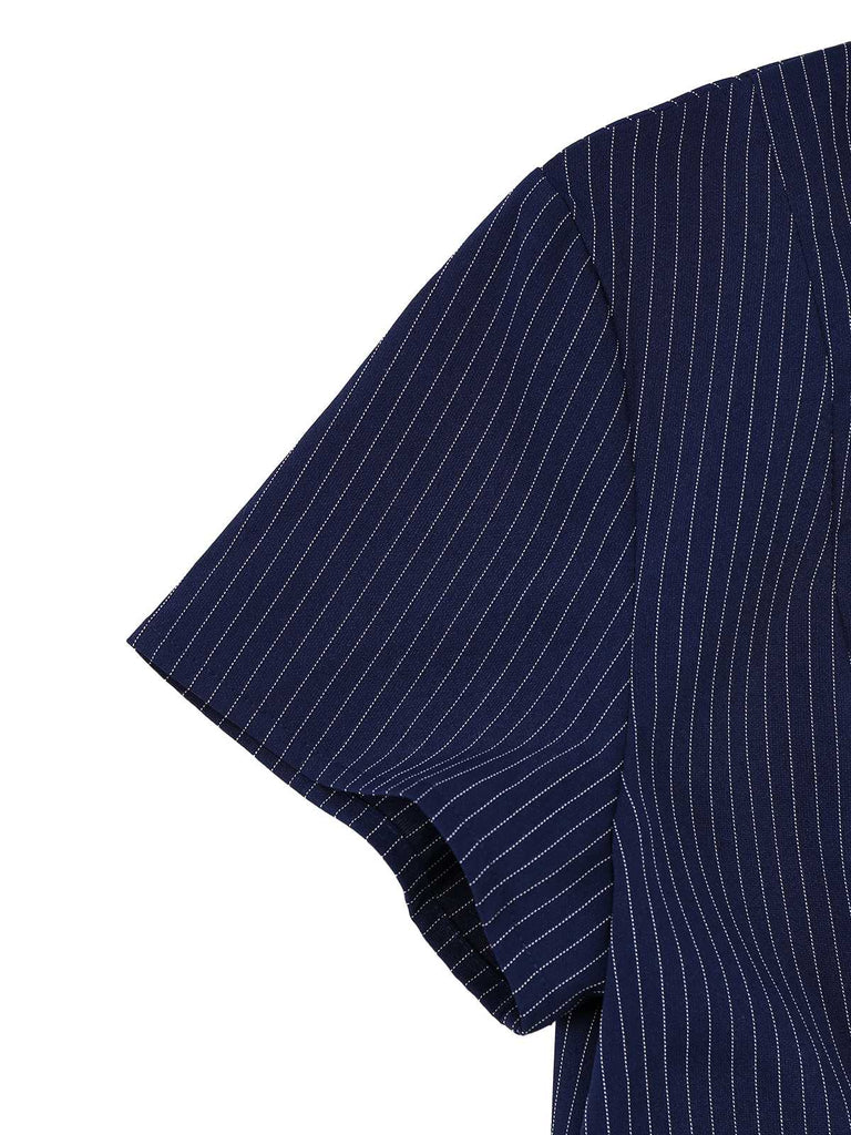 Blue 1970s Pinstripe Pleated Shirt Collar Dress - vintage dress, retro fashion