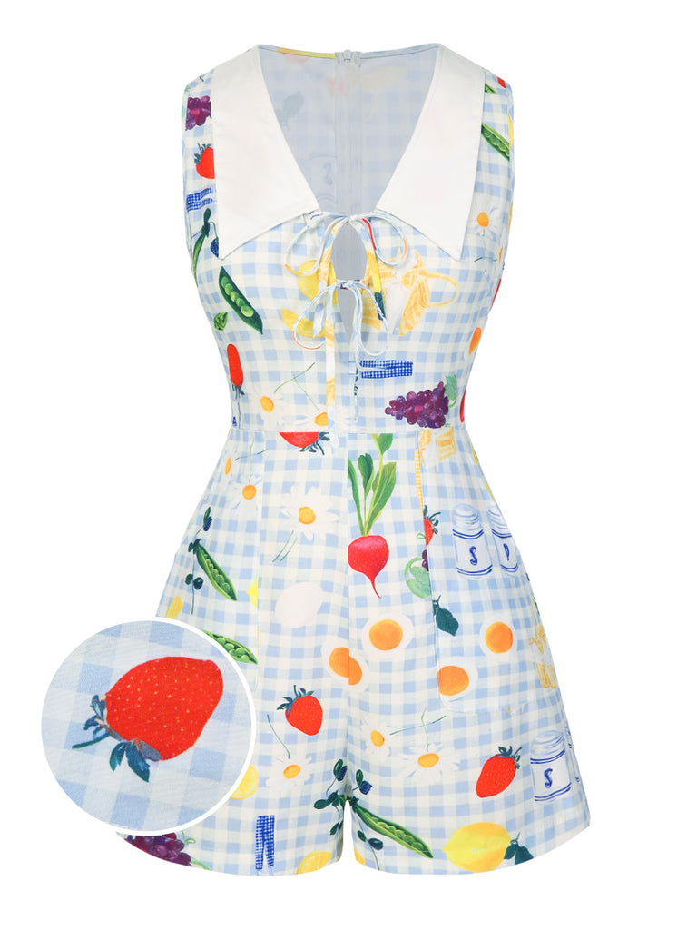 Blue 1970s Plaid Fruit Floral Romper - vintage jumpsuit, retro fashion