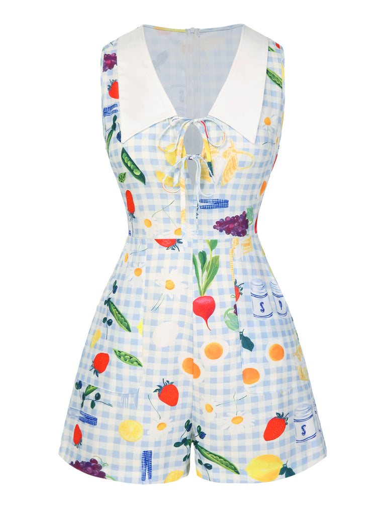 Blue 1970s Plaid Fruit Floral Romper - vintage jumpsuit, retro fashion