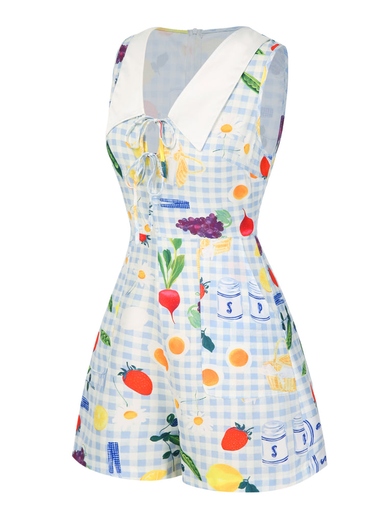 Blue 1970s Plaid Fruit Floral Romper - vintage jumpsuit, retro fashion
