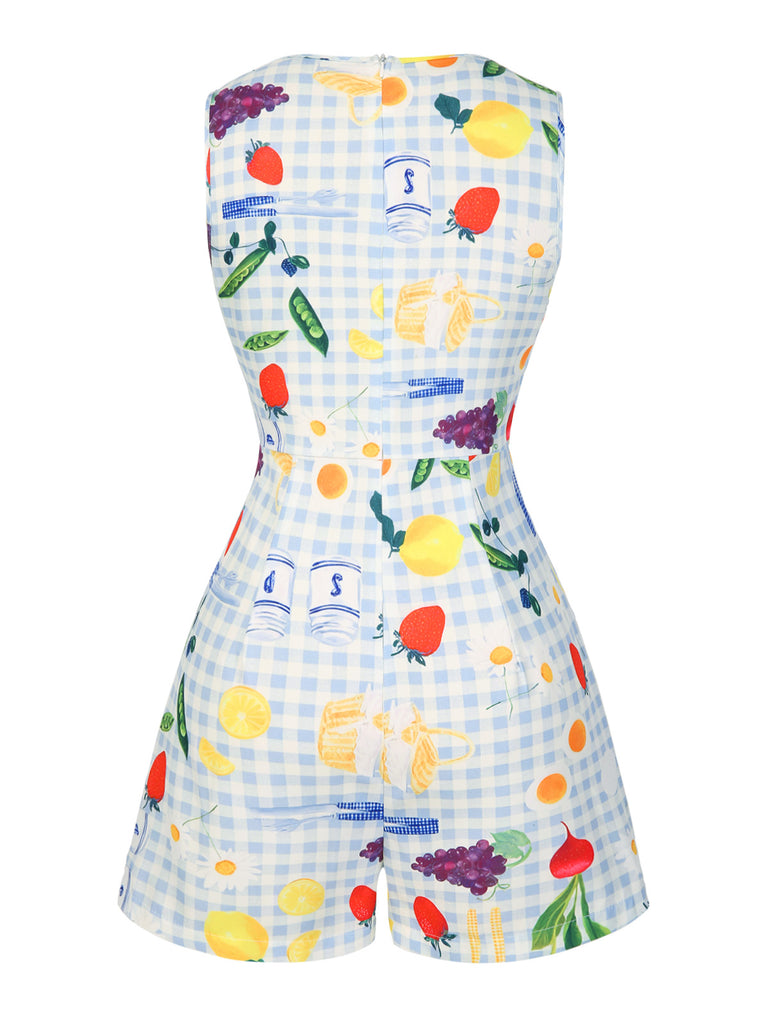 Blue 1970s Plaid Fruit Floral Romper - vintage jumpsuit, retro fashion