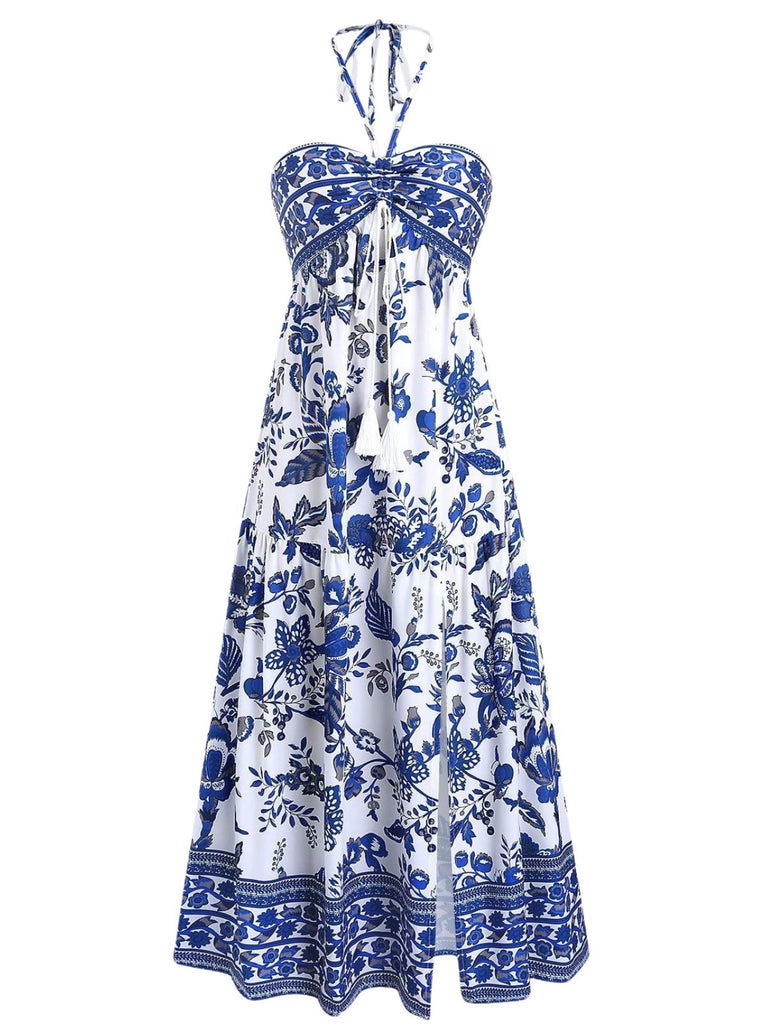 Blue 1970s Porcelain Boho Halter Bind Dress - vintage dress, retro fashion for vintage lovers