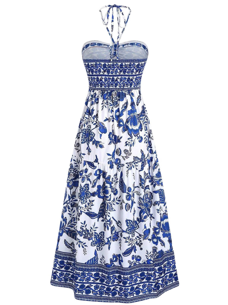 Blue 1970s Porcelain Boho Halter Bind Dress - vintage dress, retro fashion for vintage lovers