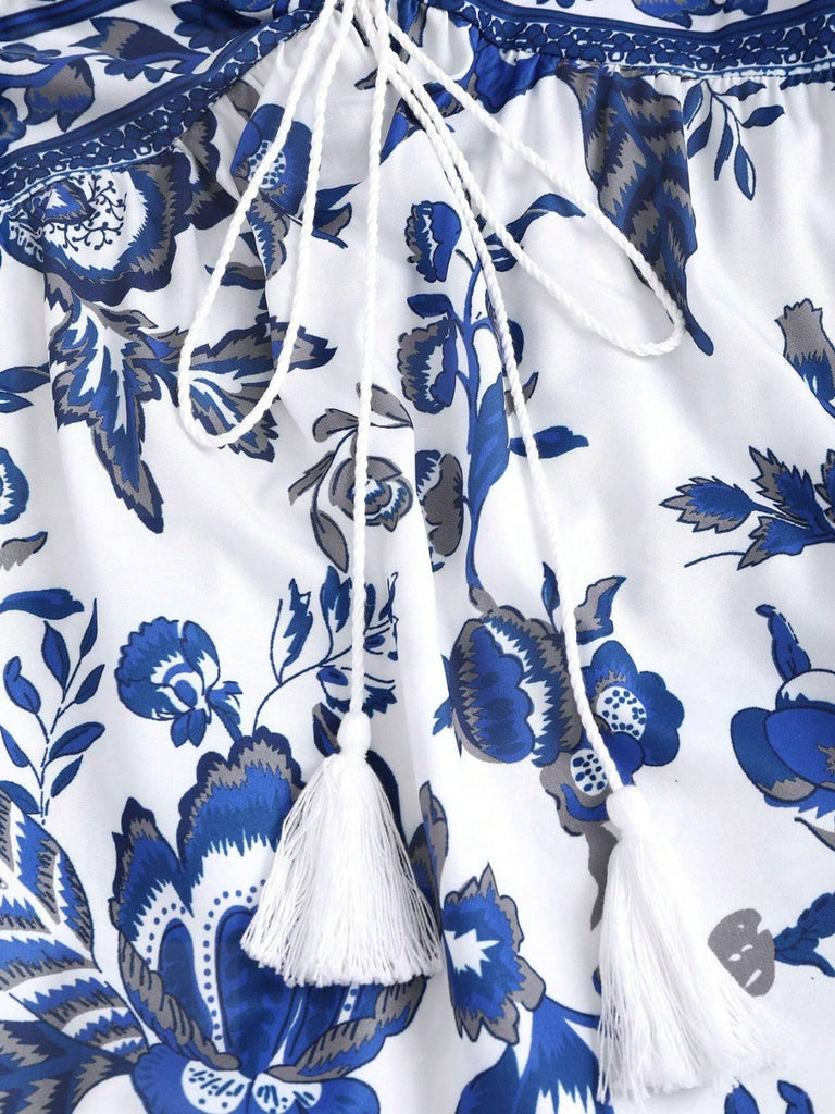 Blue 1970s Print Lace-up Strapless Vacation Long Dress