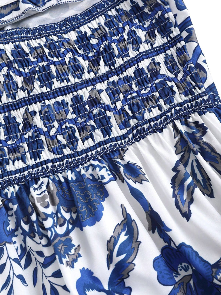 Blue 1970s Porcelain Boho Halter Bind Dress - vintage dress, retro fashion for vintage lovers