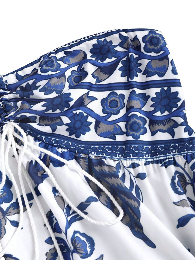 Blue 1970s Porcelain Boho Halter Bind Dress - vintage dress, retro fashion for vintage lovers