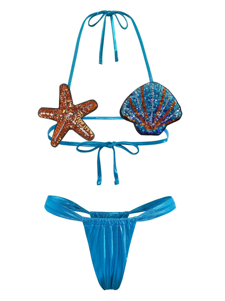 Blue 1970s Shell & Starfish Bikini Set: beautiful vintage swimwear, retro swimsuit, pin-up style with timeless appeal