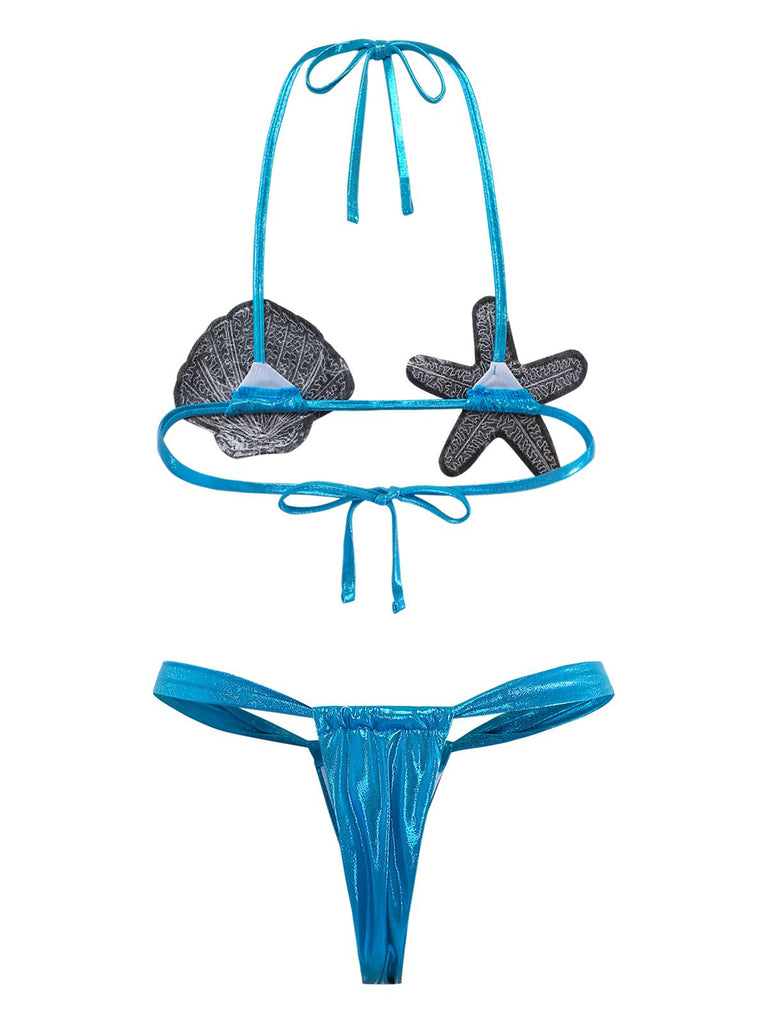 Blue 1970s Shell & Starfish Bikini Set | vintage swimwear, retro swimsuit, pin-up style - perfect for retro fashion enthusiasts