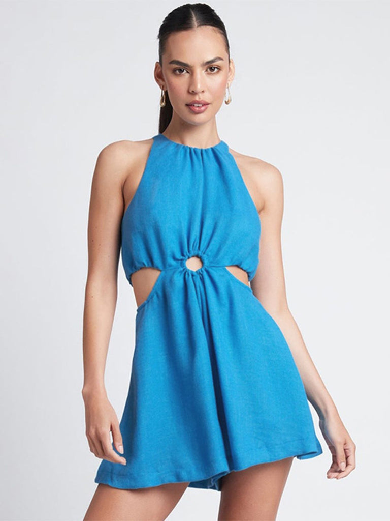 She finds her 1970s story in this Blue 1970s Solid Hollow Sleeveless Romper