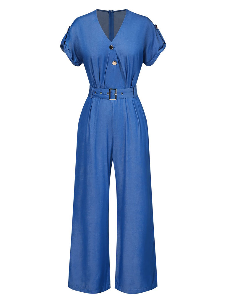 Blue 1970s V-Neck Solid Jumpsuit, vintage romper, retro jumpsuit - perfect for women who love vintage and retro fashion