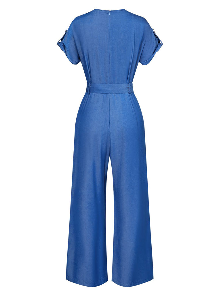 Blue 1970s V-Neck Solid Jumpsuit, vintage romper, retro jumpsuit - perfect for women who love vintage and retro fashion